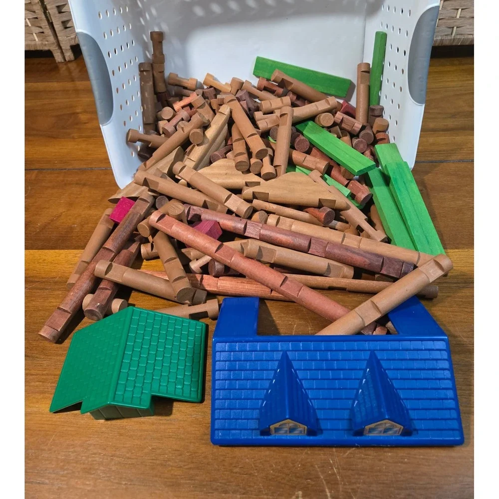 Vintage Style Wooden Building Logs Bulk Set Log Cabin Construction Toy Lot